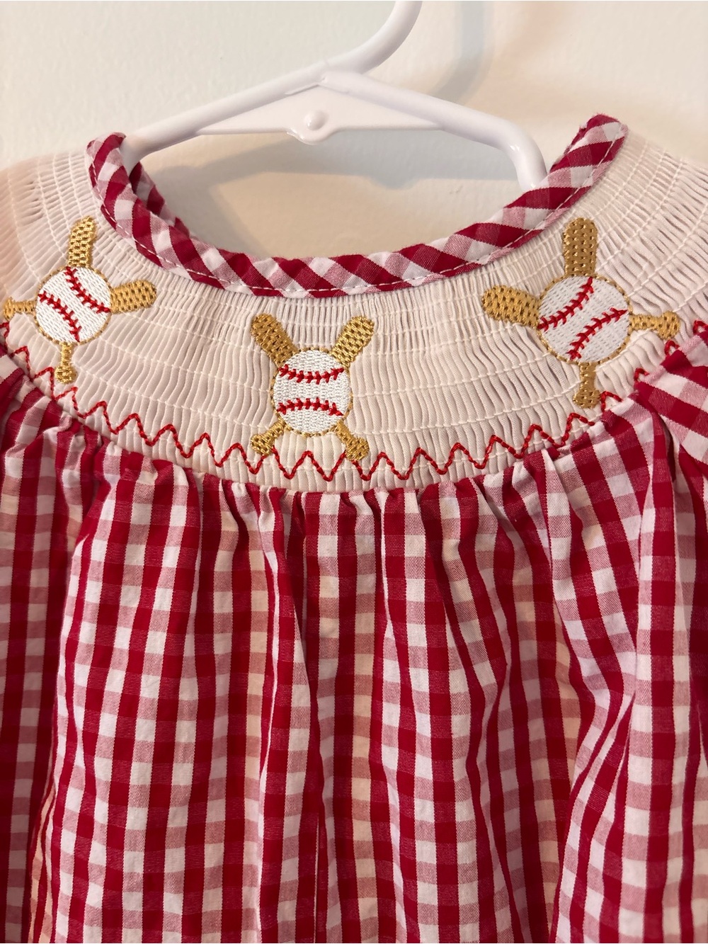 Clover Cottage Girls Red Gingham Smocked Romper with Baseball Embroidery - Picture 3 of 7